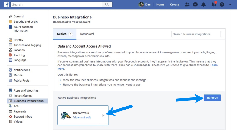 remove facebook integration